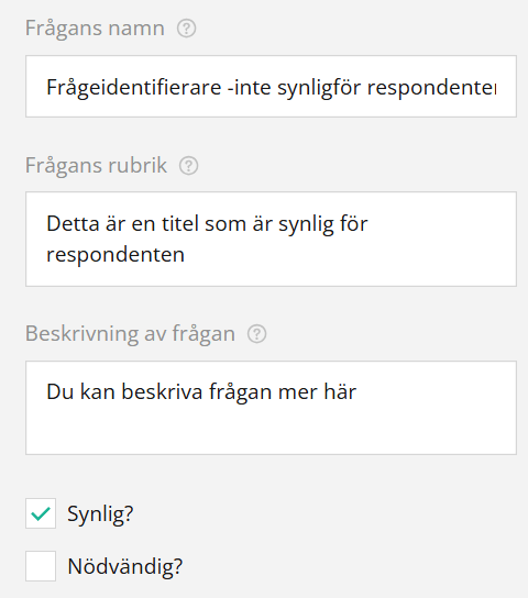 Skärmdump av ett formulär för en enkät med fält för frågans namn, titel och beskrivning.