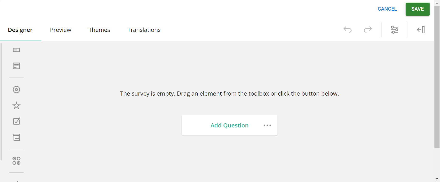 An empty online survey design interface with different menu buttons and 'Add Question' button visible.