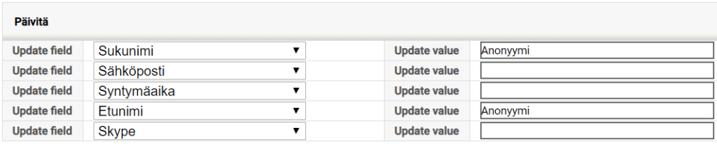 Lomake, jossa on kentät sukunimen, sähköpostin, syntymäajan, etunimen ja Skypen päivittämistä varten, jotkut kentät on täytetty anonyymeiksi.