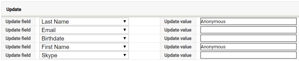 Form with fields to update Last Name, Email, Birthdate, First Name, and Skype, with some fields filled 'Anonymous'.
