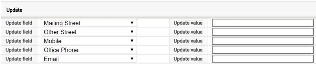 Screenshot of a form interface showing fields for updating mailing street, other street, mobile, office phone, and email.