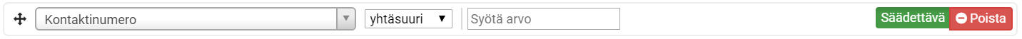 Hakusuodattimen käyttöliittymä, jossa on 'kontaktinumero' -kenttä, ehdonvalitsin, syöttölaatikko sekä 'Säädettävä' ja 'Poista' -painikkeet.