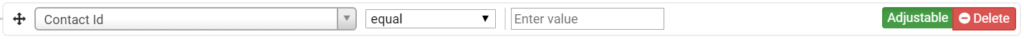 Search filter interface with 'Contact Id' field, condition selector, input box, and 'Adjustable' and 'Delete' buttons.