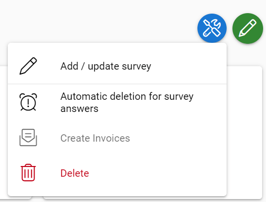 Software interface showing options: Add/Update Survey, Automatic Deletion for Survey Answers, Create Invoices on fading gray font, and Delete.