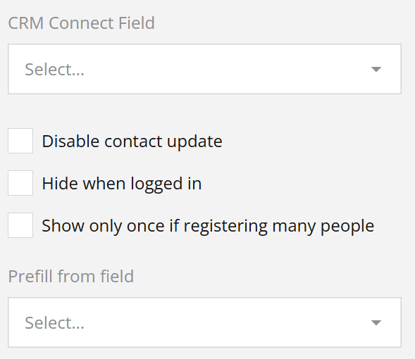 Settings interface for CRM Connect with options to select fields, disable updates, hide options, and prefill from existing fields.