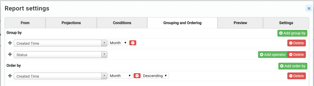Screenshot of a report settings interface with grouping and ordering options for data.