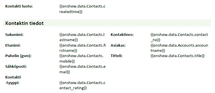 Kuvakaappaus henkilötietolomakkeesta, jossa on tietokenttien paikkamerkkejä.