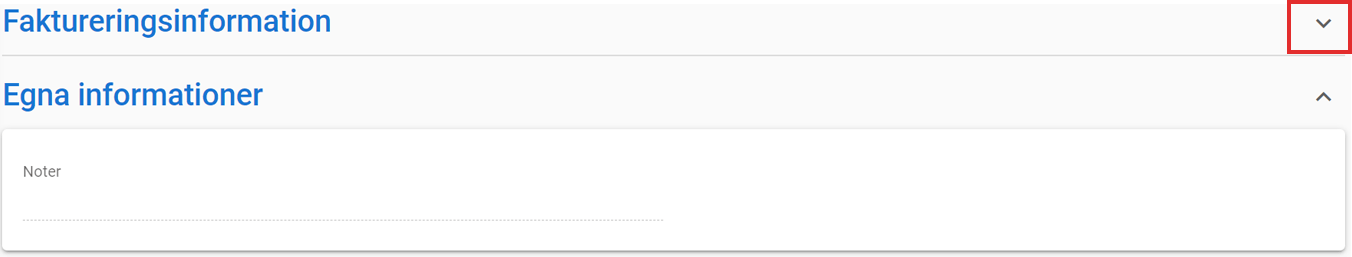 Skärmdump av ett användargränssnitt med ett avsnitt märkt ”Faktureringsinformation” och en textruta med titeln ”Egna informationer”