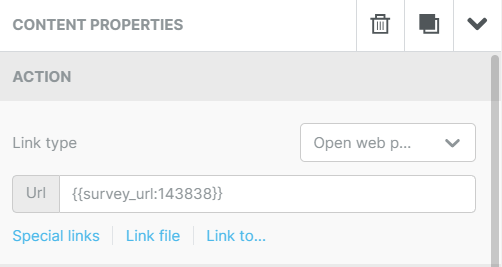A screenshot of a content properties panel featuring options for link type and URL input with placeholder text.