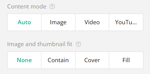 Screenshot of web settings for Content mode with options Auto, Image, Video, YouTube, and Image fit with None, Contain, Cover, Fill.