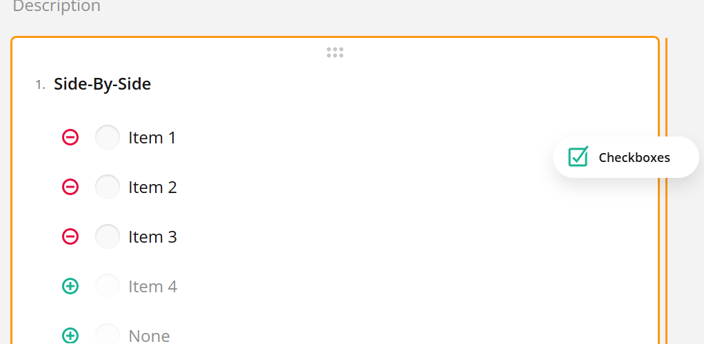 Screenshot showing a section of an interface with options labelled Item 1 - 4, and a selected "Checkboxes" feature over the orange line on the right side of the image.