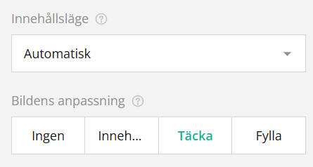 Skärmdump av webbinställningar för innehållsläge plocklista med alternativen Automatisk och Bildens anpassning med Ingen, Inneh..., Täcka, Fylla.