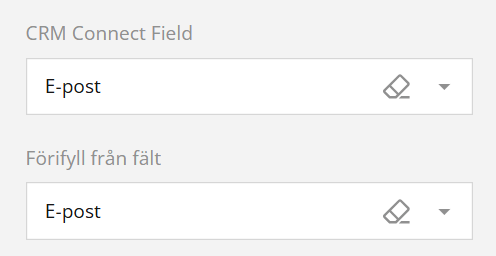 CRM Connect Field inmatningsrutor med texten ”E-post” och en Pre-fill from field inmatningsruta med texten ”E-post”.