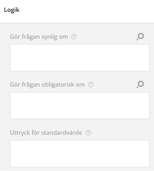 Skärmdump av ett formulärbyggargränssnitt som visar logikinställningar för en fråga.