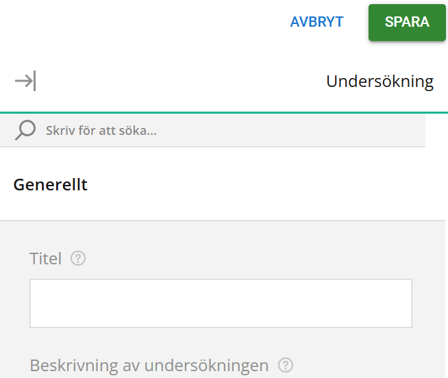 Skärmdump av ett gränssnitt för skapande av undersökningar med sökfält, allmän meny och ett fält med rubriken ”Titel”.