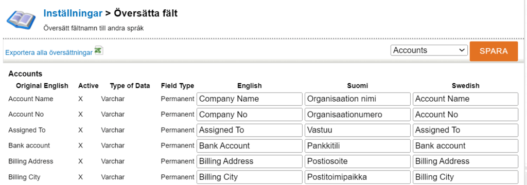 Skärmdump av ett översättningsgränssnitt som visar olika fältnamn och deras översättningar till flera språk.