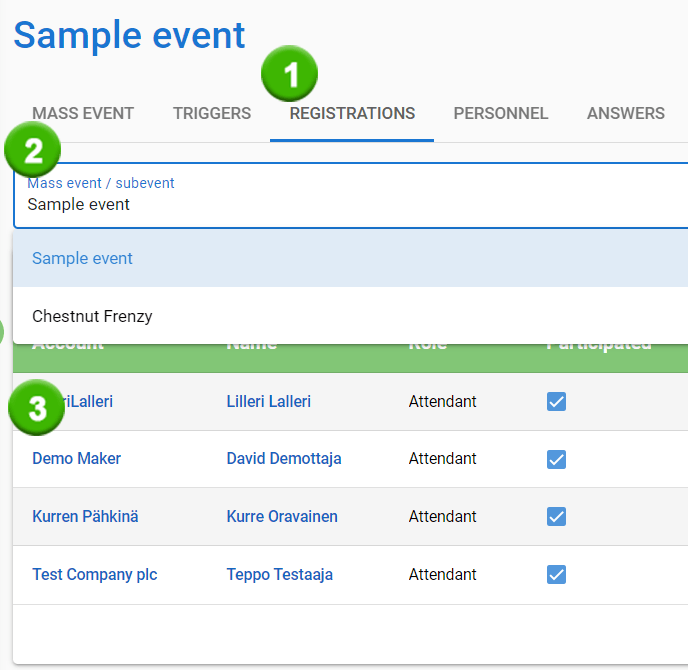 Screenshot of an event registration interface with 1 registration, showing attendee list and roles.