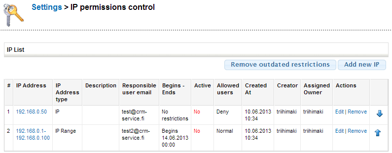 Screenshot of an IP permissions control panel with a list of IP address settings and management options.