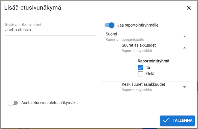 Kuvakaappaus ”Lisää etusivunäkymä” -käyttöliittymästä, jossa on jakamisvaihtoehdot ja ”Tallenna”-painike.