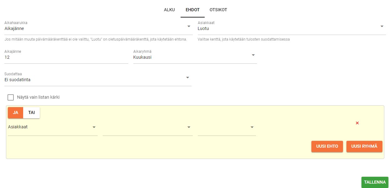Määritysnäyttö uuden kuvaajaelementin lisäämiseksi suodatusvaihtoehtojen ja ehtojen avulla.