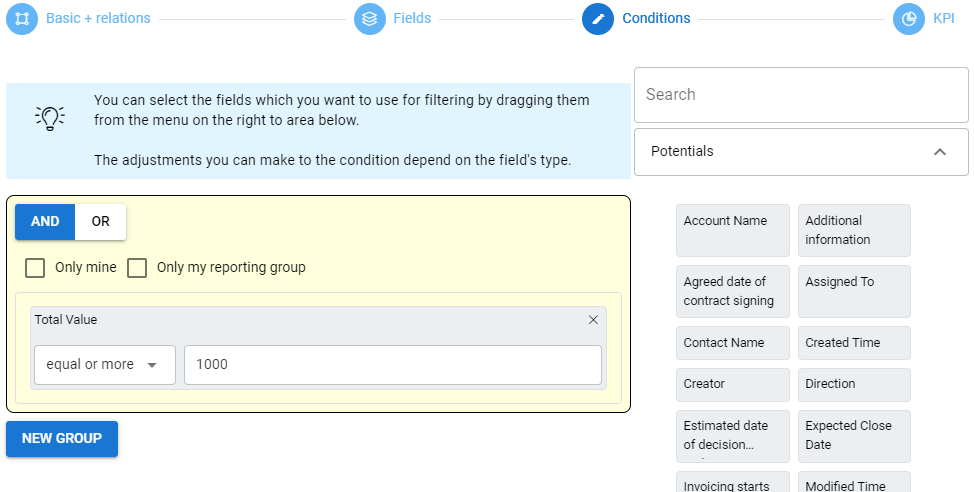 Screenshot of a data filtering interface with condition parameters and field selection options.