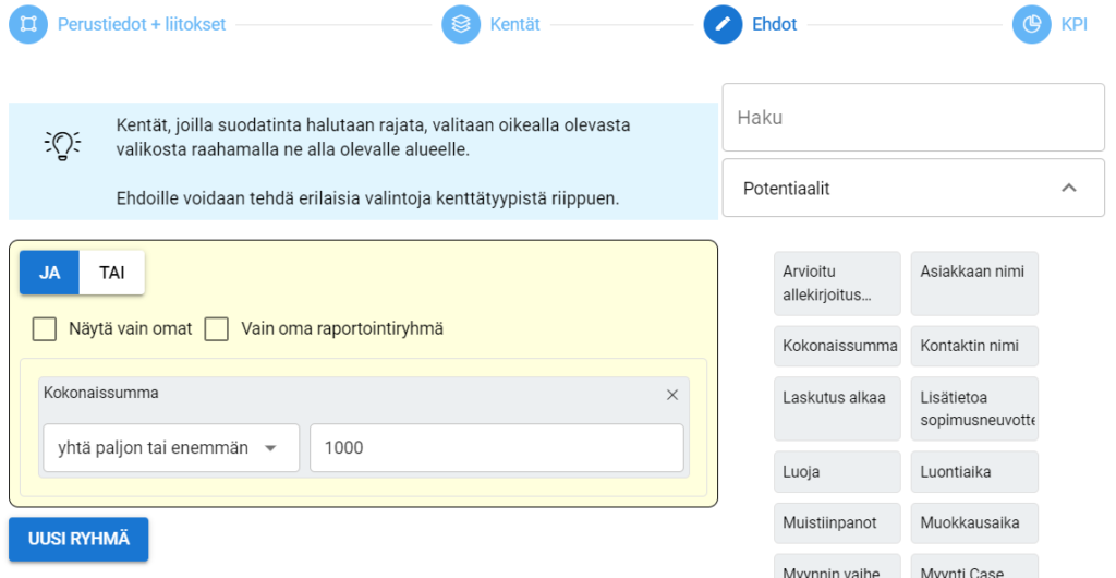 Kuvakaappaus tietojen suodatuskäyttöliittymästä, jossa on ehtoparametrit ja kentän valintavaihtoehdot.