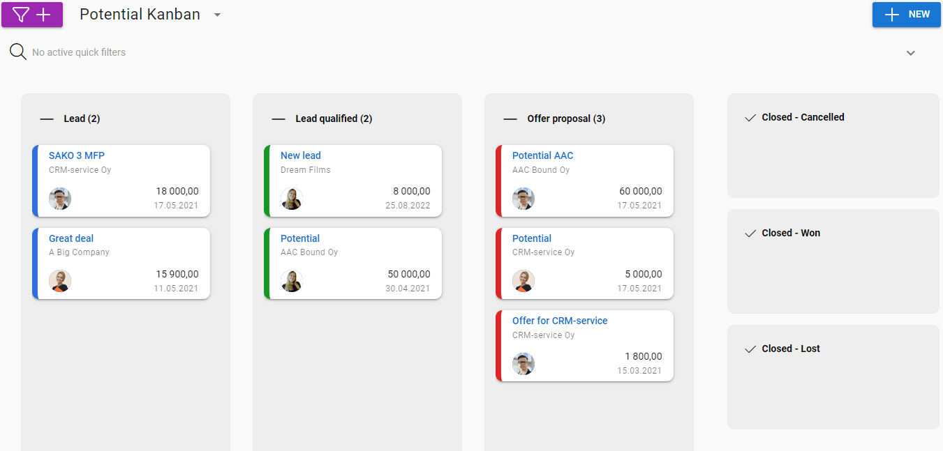 A screenshot of a CRM Kanban board showing sales leads in various stages from lead to closed deals.