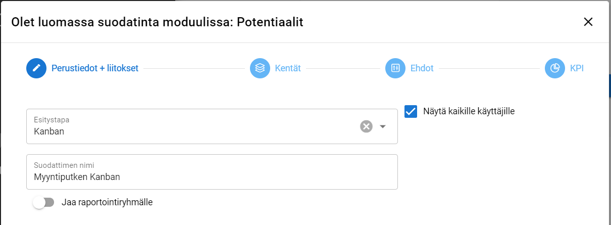 Kuvakaappaus suodattimen luontirajapinnasta ohjelmistomoduulissa, jonka nimi on ”potentiaalit”.