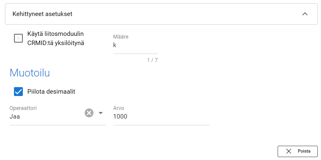 Kuvakaappaus KPI-konfigurointikäyttöliittymästä, jossa on vaihtoehtoja desimaalien piilotukselle, KPI:lle ja muotoiluasetuksille.