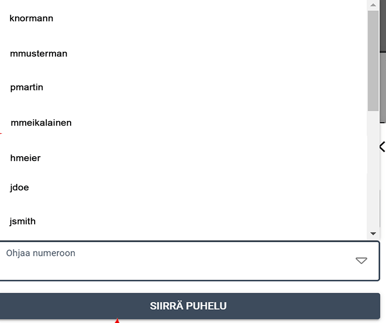 Kuvakaappaus puhelunsiirron käyttöliittymästä, jossa on luettelo yhteystiedoista ja ”Siirrä puhelu” -painike.