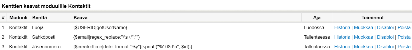 Kuvakaappaus ohjelmistokäyttöliittymästä, jossa näkyy yhteystietomoduulin kaavat asiaankuuluvine kenttineen ja toimintoineen.