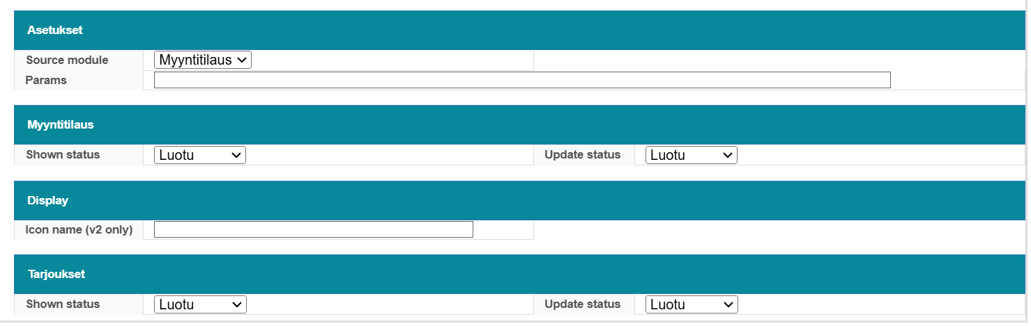 Kuvakaappaus ohjelmiston käyttöliittymästä, jossa on asetukset 'Myyntitilauksen' ja 'Tarjousten' tilapäivityksiä varten.