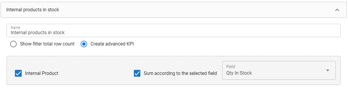 Screenshot of a stock management interface titled 'Internal products in stock'.