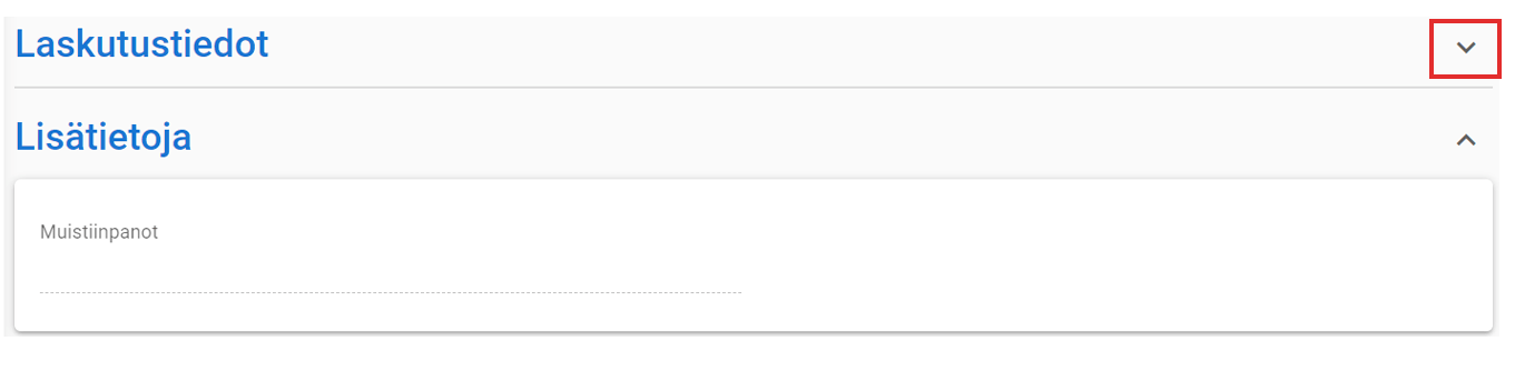 Kuvakaappaus käyttöliittymästä, jossa on osio, jossa on merkintä ”Laskutustiedot”, ja tekstikenttä, jossa on merkintä ”Lisätiedot”