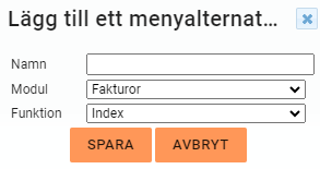 Ett popup-fönster med titeln ”lägg till ett menyalternativet” med fält för namn, modul, åtgärd och knappar för spara/avbryt.