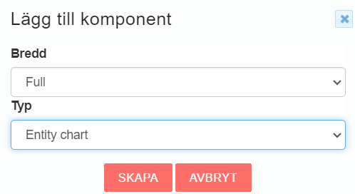 Dialogruta för att lägga till en komponent med alternativ för bredd och typ samt knappar för att skapa och avbryta.