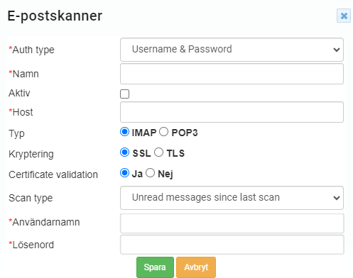 En skärmdump av ett konfigurationsfönster för Mail Scanner med olika ofyllda inställningsfält.