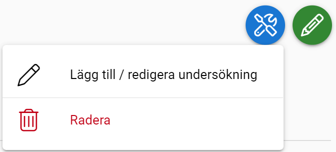 En skärmdump av ett användargränssnitt med alternativ för att ”Lägg till/redigera undersökning” och ”Ta bort”, tillsammans med relaterade ikoner.