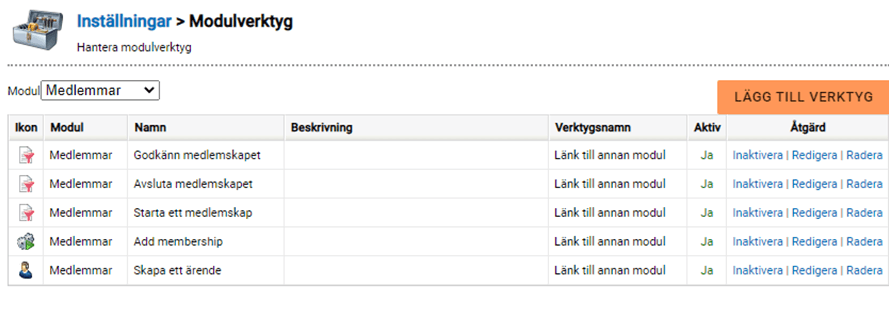 Skärmdump av ett programvarugränssnitt med en lista över moduler och verktyg med ”Lägg till verktyg”-åtgärder.