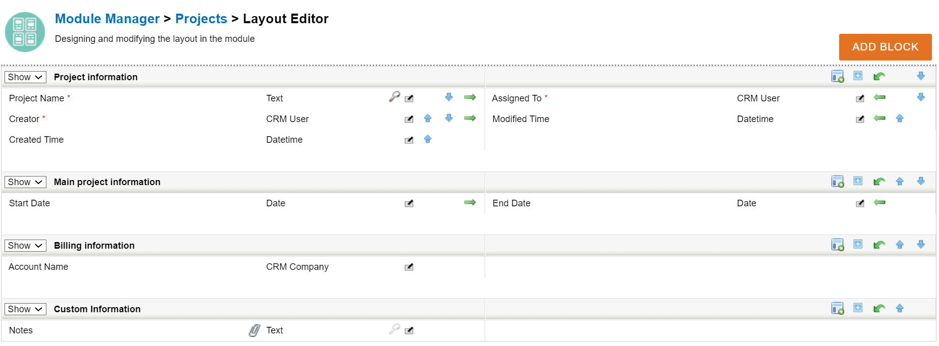 Screenshot of a CRM layout editor with sections for project, main, billing, and custom information.