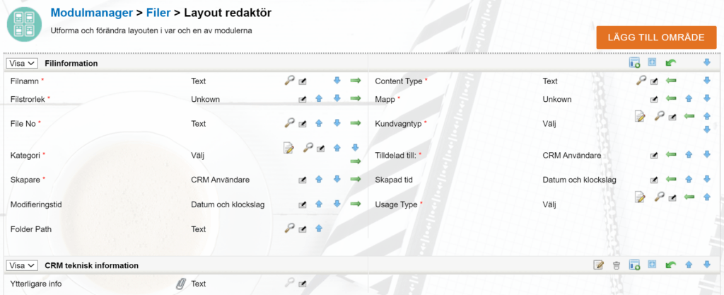 Skärmdump av en Modulmanagers Layout redaktör för fakturor med fält och anpassningsalternativ.