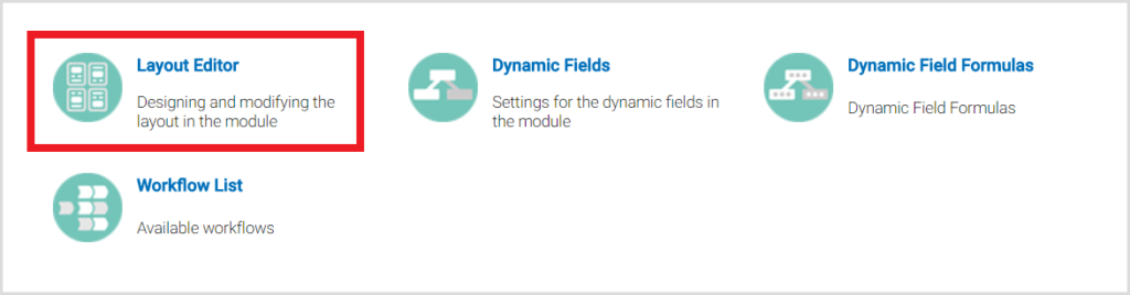 Screenshot of a software interface showing three options: Layout Editor, Dynamic Fields, and Dynamic Field Formulas.