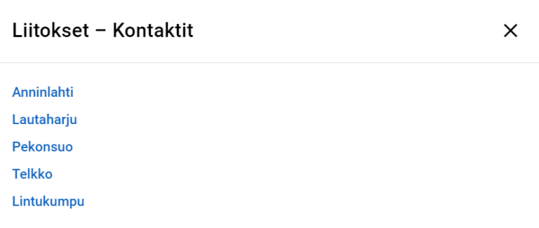 Kuvakaappaus yhteystietoluettelosta otsikolla ”Liitokset - Kontaktit”, jossa näkyy viisi nimeä.
