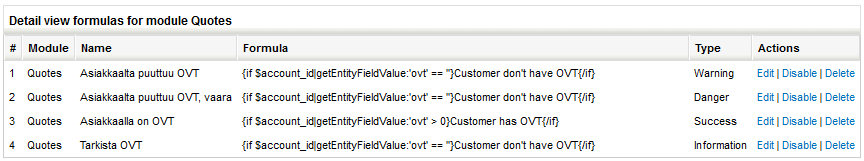 A screenshot of a software interface showing detail view formulas for module Quotes with types and actions.