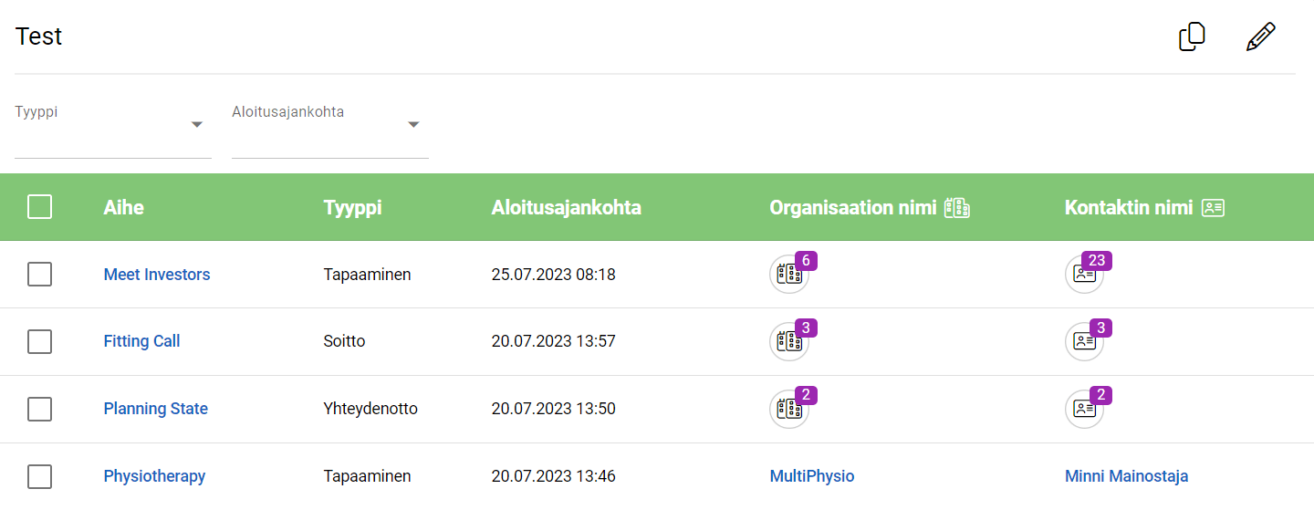 Kuvakaappaus aktiviteettien käyttöliittymästä, jossa näkyy luettelo aktiviteeteista aiheineen, tyyppeineen, päivämäärineen ja yhteystietoineen.