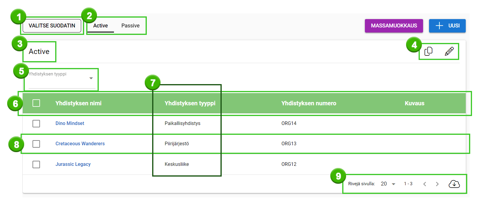 Kuvakaappaus tietokannan käyttöliittymästä, jossa suodatetaan aktiivisia organisaatioita ja jossa nimi ja tyyppi -sarakkeet ovat näkyvissä.
