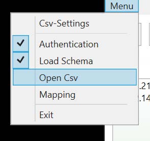 Pudotusvalikko, jossa on vaihtoehtoja, kuten 'Open Csv' korostettuna.