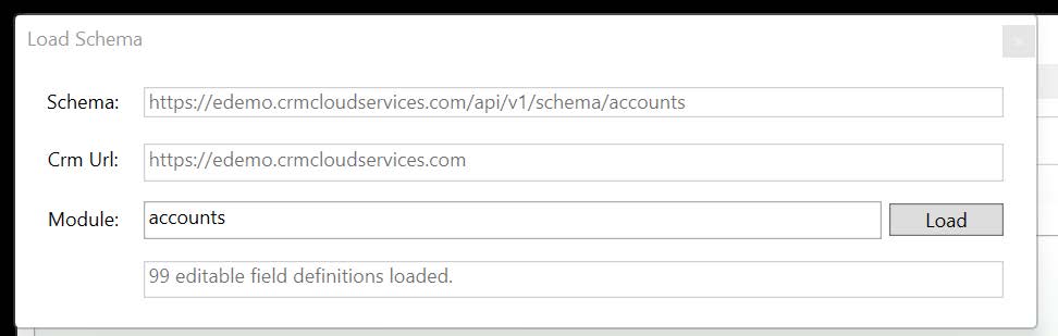 Kuvakaappaus käyttöliittymästä CRM-skeeman lataamiseksi, jossa on syöttökentät skeeman URL-osoitteelle, CRM-URL-osoitteelle ja moduulityypille.