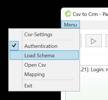 Pudotusvalikko tietokoneen näytöllä, jossa on vaihtoehtoja 'Authentication', 'Load Schema' ja muita.