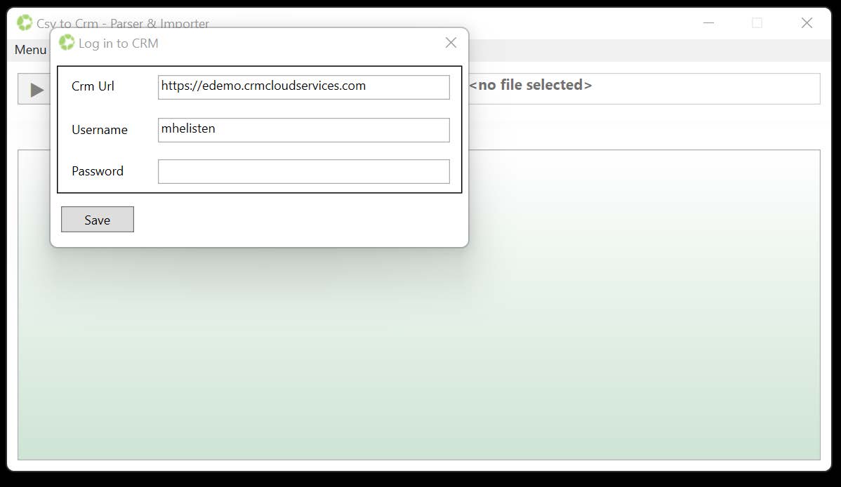 Kuvakaappaus CRM-service kirjautumisliittymästä, jossa on kentät URL-osoitteelle, käyttäjänimelle ja salasanalle.